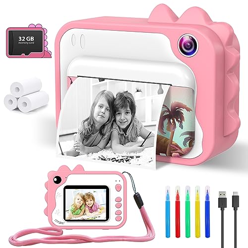 Kinder Kamera, 2,4-Zoll Display Sofortbildkamera Kinder, 1080P HD Videokamera mit 32GB Karte,3 Rollen Druckpapier 5 Farben Pinselstift, Geschenke für 3-12 Jahre Jungen mädchen Spielzeug Rosa von CHAKEYAKE