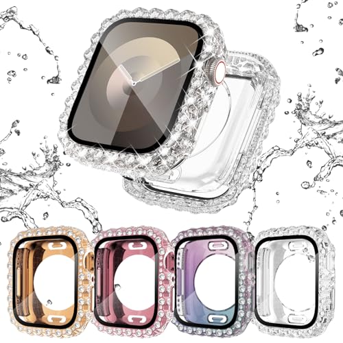 CHANCHY 2 in 1 wasserdichte Bling Hülle kompatibel für Apple Watch Serie 9 Serie 8 Serie 7 41 mm Displayschutzfolie, Spitzenkante Diamant Schutz Bumper Face Cover für iWatch Zubehör Frauen, 4 von CHANCHY