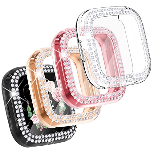 CHANCHY 4 Pack Compatible with Fitbit Versa 2 Screen Protector Case, Soft TPU Full Protective Case Cover Bumper Bling Crystal Diamond Frame for Fitbit Versa 2 Smart Watch, Rose Gold/Pink/Clear/Black von CHANCHY