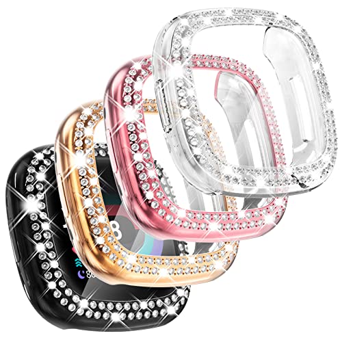 CHANCHY 4 Pack Compatible with Fitbit Versa 4 Screen Protector Case, Soft TPU Full Protective Case Cover Bumper Bling Crystal Diamond Frame for Fitbit Versa 4 Smart Watch, Rose Gold/Pink/Clear/Black von CHANCHY