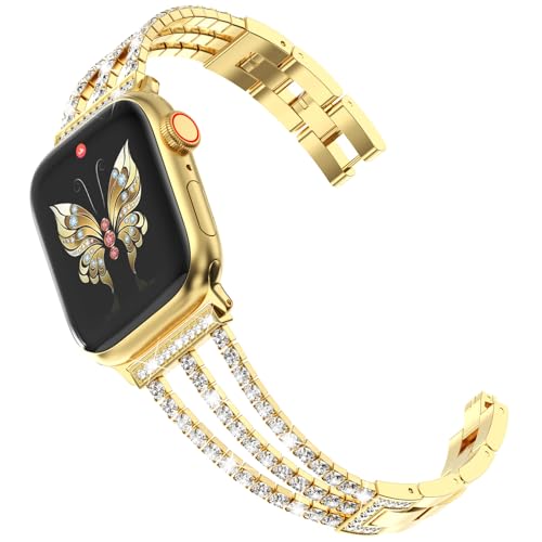 CHANCHY 42mm(series 10) 41mm 40mm 38mm Kompatibel mit Apple Watch Armband Damen,Glücks Vierblatt Diamant Edelstahl Armband Ersatzarmbänder für iWatch Series 10/9/8/7/6/5/4/3/2/1/SE, Gold von CHANCHY