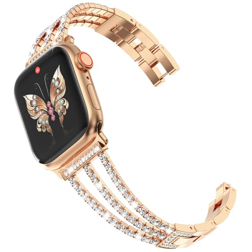 CHANCHY 46mm 45mm 44mm 42mm(series 3 2 1) Kompatibel mit Apple Watch Armband Damen,Glücks Vierblatt Diamant Edelstahl Armband Ersatzarmbänder für iWatch Series 10/9/8/7/6/5/4/3/2/1/SE, Roségold von CHANCHY