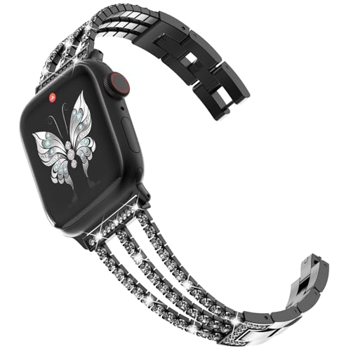 CHANCHY 46mm 45mm 44mm 42mm(series 3 2 1) Kompatibel mit Apple Watch Armband Damen,Glücks Vierblatt Diamant Edelstahl Armband Ersatzarmbänder für iWatch Series 10/9/8/7/6/5/4/3/2/1/SE, Schwarz von CHANCHY