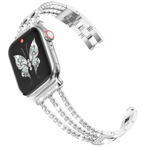 CHANCHY 46mm 45mm 44mm 42mm(series 3 2 1) Kompatibel mit Apple Watch Armband Damen,Glücks Vierblatt Diamant Edelstahl Armband Ersatzarmbänder für iWatch Series 10/9/8/7/6/5/4/3/2/1/SE, Silber von CHANCHY