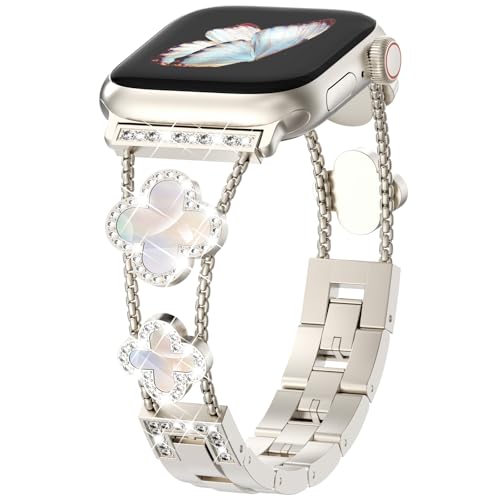 CHANCHY 46mm 45mm 44mm 42mm(series 3 2 1) für Apple Watch Armband, Damen Glücks Vierblatt Diamant Edelstahl Armband Ersatzarmbänder für iWatch Series 10/9/8/7/6/5/4/3/2/1/SE, Sternenlicht/Irisierend von CHANCHY