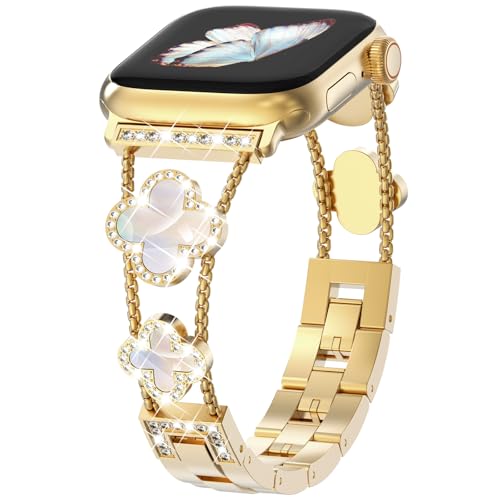 CHANCHY 46mm 45mm 44mm 42mm(series 3 2 1) für Apple Watch Armband, Damen Glücks Vierblatt Diamant Edelstahl Armband Ersatzarmbänder für iWatch Series 10/9/8/7/6/5/4/3/2/1/SE, Gold/Irisierend von CHANCHY