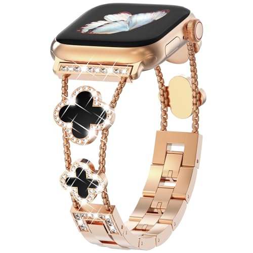 CHANCHY 46mm 45mm 44mm 42mm(series 3 2 1) für Apple Watch Armband, Damen Glücks Vierblatt Diamant Edelstahl Armband Ersatzarmbänder für iWatch Series 10/9/8/7/6/5/4/3/2/1/SE, Roségold/Schwarz von CHANCHY