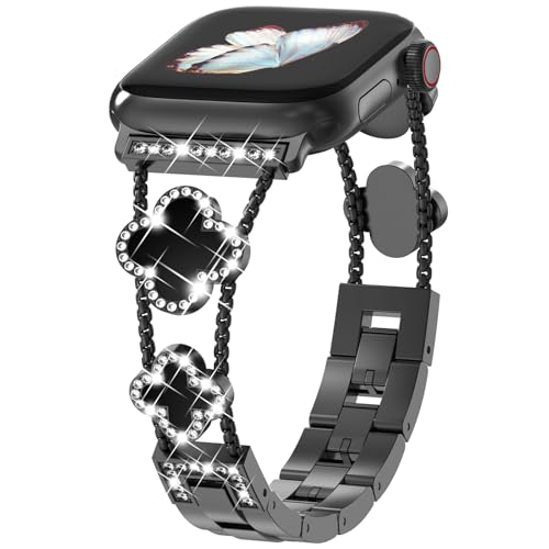 CHANCHY 46mm 45mm 44mm 42mm(series 3 2 1) für Apple Watch Armband, Damen Glücks Vierblatt Diamant Edelstahl Armband Ersatzarmbänder für iWatch Series 10/9/8/7/6/5/4/3/2/1/SE, Schwarz/Schwarz von CHANCHY