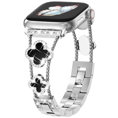 CHANCHY 46mm 45mm 44mm 42mm(series 3 2 1) für Apple Watch Armband, Damen Glücks Vierblatt Diamant Edelstahl Armband Ersatzarmbänder für iWatch Series 10/9/8/7/6/5/4/3/2/1/SE, Silber/Schwarz von CHANCHY