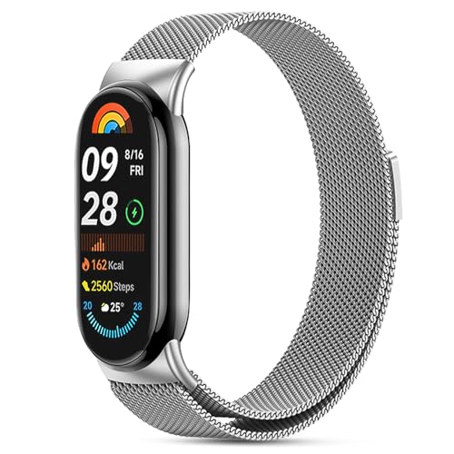 CHANRASI Metall Armband Kompatibel mit Xiaomi Mi Band 9/Mi Band 8,Ein-Klick-Verbindung Loop Magnetisches Band,Einstellbar Armbänder für Mi Band 9/Mi Band 8 Silber von CHANRASI