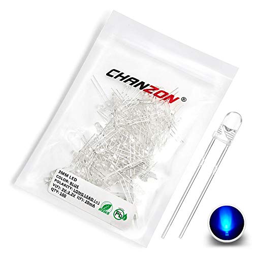 CHANZON 100 Stück 3mm Blaue LED-Dioden lichter (Klar Rund Transparent DC 3V 20mA) Helle Glühbirnen Lampen Elektronikkomponenten Anzeige Leuchtdioden von CHANZON