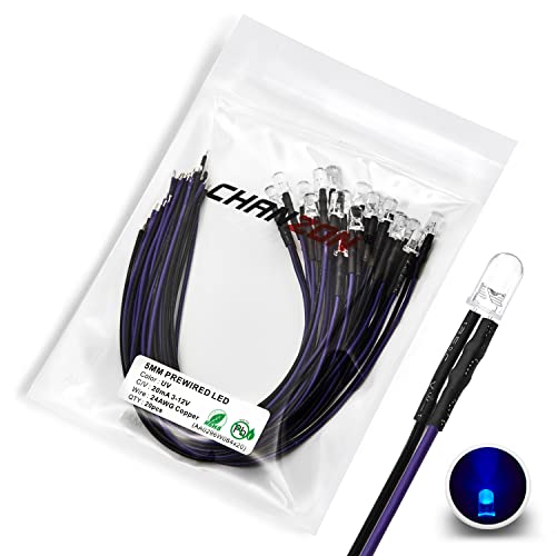 CHANZON [UL-Kabel] 20 Stück vorverdrahtete 5mm lila LED-Diodenlichter (klare runde transparente Linse DC 12V) mit 560 Ohm 1/4W Widerstand und 24awg Drahtanzeige Leuchtdioden Glühbirne 5mm LED von CHANZON