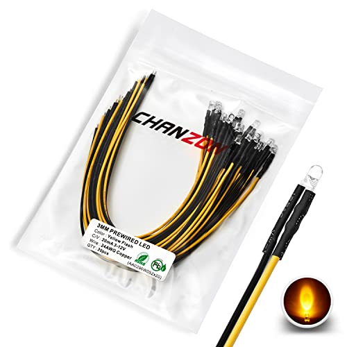 [UL-Kabel] Chanzon 20 Stück vorverdrahtete 3mm gelb blinkende LED-Diodenlichter (klare runde transparente Linse DC 12V) mit 680 Ohm 1/4W Widerstand und 24awg Drahtanzeige Leuchtdioden Glühbirne Lampe von CHANZON