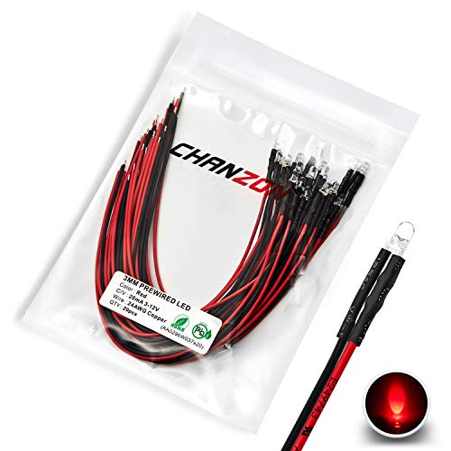 [UL-Kabel] Chanzon 20 Stück vorverdrahtete 3mm rote LED-Diodenlichter (klare runde transparente Linse DC 12V) mit 680 Ohm 1/4W Widerstand und 24awg Drahtanzeige Leuchtdioden Glühbirne Lampe von CHANZON