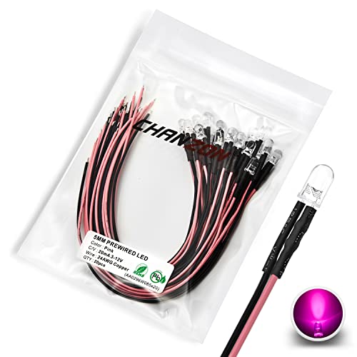 [UL-Kabel] Chanzon 20 Stück vorverdrahtete 5mm rosa LED-Diodenlichter (klare runde transparente Linse DC 12V) mit 560 Ohm 1/4W Widerstand und 24awg Drahtanzeige Leuchtdioden Glühbirne 5mm LED von CHANZON