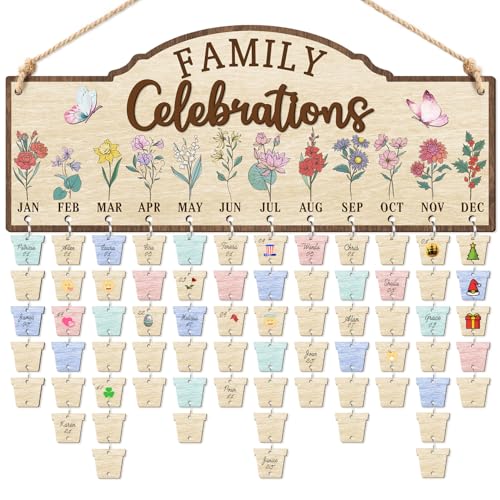 CHDITB 3D-Familienfeier-Geburtstagskalender, Wandbehang (40,6 x 17,8 cm), DIY-Geburtsmonat, Blumen, Familiengeburtstagserinnerung, Tracker mit Etiketten, individuelle Muttergeschenke für Oma von CHDITB