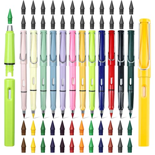 CHENGCKJ 12 Stk Bunte Ewiger Bleistift, Bleistifte mit 48 Wechselkopfm und Radiergummi Tintenloser Bleistifte Set Infinity Magic Pencil Unendlicher Bleistift für Erwachsene von CHENGCKJ
