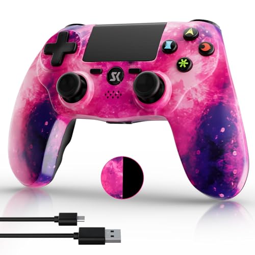 CHENGDAO Wireless Controller für PS4, Anti-Rutsch Gamepad mit Double Vibration, 6-Achsen, Touchpanel, Audio Jack, Mini LED, Ergonomischer Joystick Kompatibel mit PS4/Slim/Pro/PC Konsole(Rosa Galaxy) von CHENGDAO