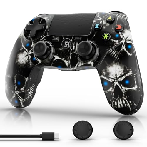 CHENGDAO Wireless Controller für PS4, Gamepad Kompatibel mit PS4/Slim/Pro/PC Konsole mit Touchpanel, DoubleVibration, 6-Achsen Gyro sensor, Audio Jack, Ergonomischer Joystick (Schwarzer Totenkopf) von CHENGDAO