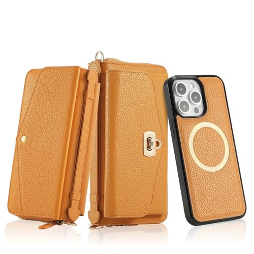 CHENHAOJUN-Schutzhülle Für iPhone 16/16 Pro/16 Pro Max/16 Plus, Magnetische Flip-Reißverschluss-Geldbörse Hülle RFID-Schutzhülle Sturzsichere Kartenhalter Schultergurt-Hülle(Orange,16 Pro Max) von CHENHAOJUN