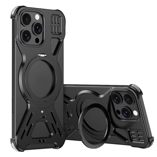 CHENHAOJUN-Schutzhülle for iPhone 16 Pro Max/16 Pro/16, Schlanke, Rahmenlose Wärmeableitungs-Telefonhülle Aus Metall Mit Magnetischem Drehständer, Abdeckung for Kabelloses Laden(Schwarz,16 Pro) von CHENHAOJUN