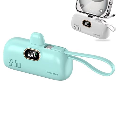 Mini Portable Charger with Built-in Cable, Powerbank mit integriertem USB-C Kabel, 5000mAh 22.5W Schnelles Aufladen Mini Ladegerät mit LED-Anzeige, Mini Handy Ladegerät für Reisen, Outdoor (Grün) von CHENRI