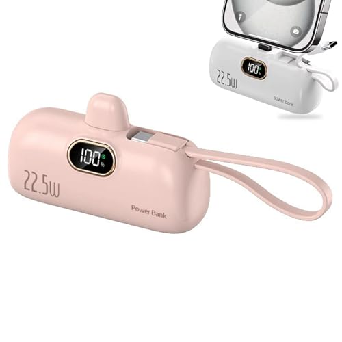 Mini Portable Charger with Built-in Cable, Powerbank mit integriertem USB-C Kabel, 5000mAh 22.5W Schnelles Aufladen Mini Ladegerät mit LED-Anzeige, Mini Handy Ladegerät für Reisen, Outdoor (Rosa) von CHENRI