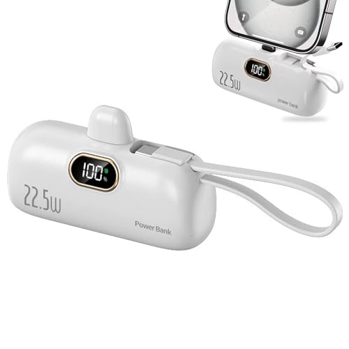 Mini Portable Charger with Built-in Cable, Powerbank mit integriertem USB-C Kabel, 5000mAh 22.5W Schnelles Aufladen Mini Ladegerät mit LED-Anzeige, Mini Handy Ladegerät für Reisen, Outdoor (Weiß) von CHENRI