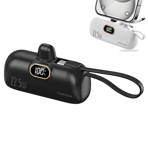 Mini Portable Charger with Built-in Cable, Powerbank mit integriertem USB-C Kabel, 5000mAh 22.5W Schnelles Aufladen Mini Ladegerät mit LED-Anzeige, Mini Handy Ladegerät für Reisen, Outdoor (Schwarz) Mini Portable Charger with Built-in Cable, Powerbank mit integriertem USB-C Kabel, 5000mAh 22.5W Schnelles Aufladen Mini Ladegerät mit LED-Anzeige, Mini Handy Ladegerät für Reisen, Outdoor (Schwarz) von CHENRI