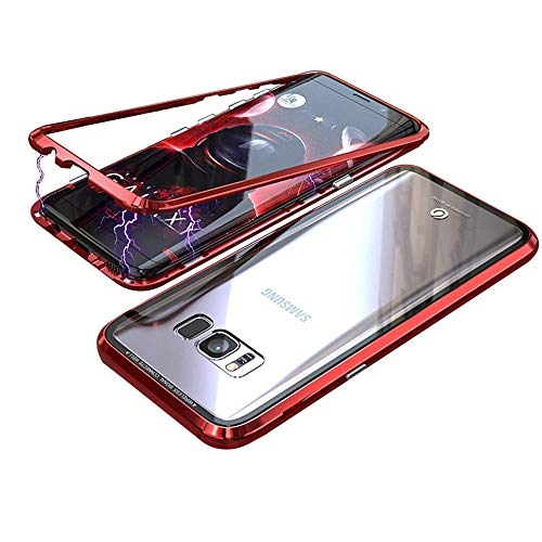 CHENYING Magnetische Hülle für Samsung Galaxy S7,Magnetic Adsorption Handyhülle mit Eingebauter-Magnet Funktion[Mit Metall Bumper] Transparent Gehärtetes Glas Back Case für Samsung Galaxy S7,Rot von CHENYING