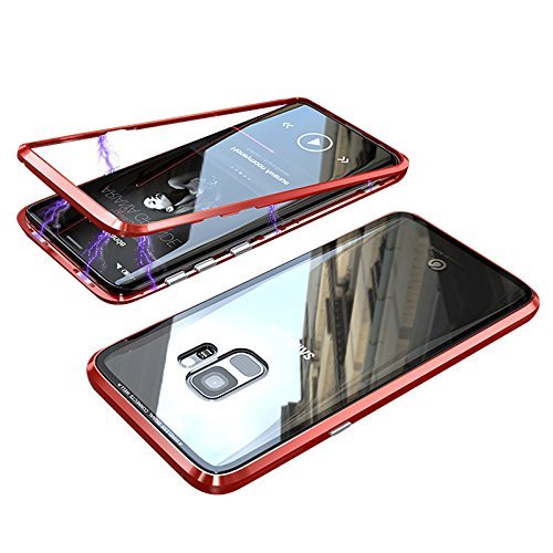 CHENYING Magnetische Hülle für Samsung Galaxy S9,Magnetic Adsorption Handyhülle mit Eingebauter-Magnet Funktion[Mit Metall Bumper] Transparent Gehärtetes Glas Back Case für Samsung Galaxy S9,Rot von CHENYING
