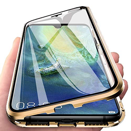 Kompatibel für Huawei P30 Lite (6,15 Zoll)Hülle,Stark Magnetische Adsorption Metallrahmen Flip Handyhülle 360 Grad Komplett Schutzhülle Vorne und Hinten Gehärtetes Glas Transparente Cover,Gold von CHENYING