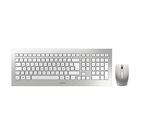 CHERRY DW 8000, kabelloses Tastatur- und Maus-Set, Schweizer Layout (QWERTZ), batteriebetrieben, ultraflache Tastatur, 3 Tasten-Maus mit Infrarotsensor, Weiß-Silber von CHERRY