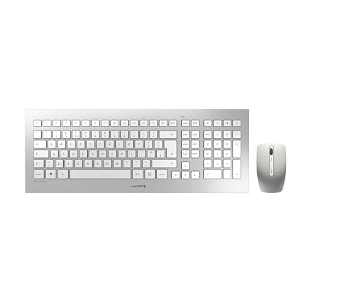 CHERRY DW 8000, kabelloses Tastatur- und Maus-Set, Spanisches Layout (QWERTY), batteriebetrieben, ultraflache Tastatur, 3 Tasten-Maus mit Infrarotsensor, Weiß-Silber von CHERRY