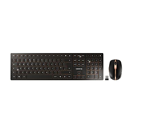 CHERRY DW 9100 SLIM, Kabelloses Tastatur- und Maus-Set, Britisches Layout (QWERTY), Bluetooth- & Funkverbindung, Leise Tasten, Wiederaufladbar, Schwarz-Bronze von CHERRY