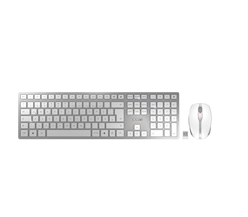 CHERRY DW 9100 SLIM, Kabelloses Tastatur- und Maus-Set, Deutsches Layout (QWERTZ), Bluetooth & 2,4 GHz Funk, Leise Tasten, Wiederaufladbar, Weiß-Silber von CHERRY
