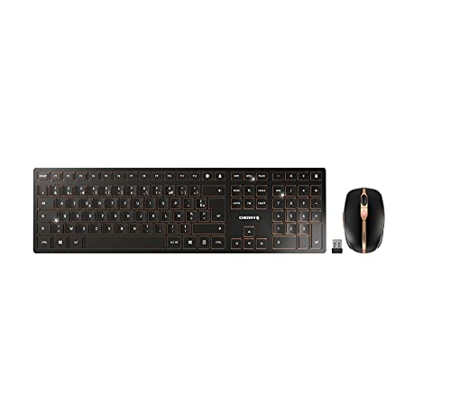 CHERRY DW 9100 SLIM, Kabelloses Tastatur- & Maus-Set, Französisches Layout (AZERTY), Bluetooth- & Funkverbindung, Leise Tasten, Wiederaufladbar, Schwarz-Bronze von CHERRY