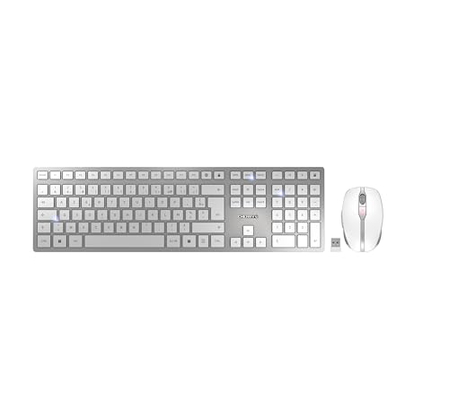 CHERRY DW 9100 SLIM, Kabelloses Tastatur- und Maus-Set, Französisches Layout (AZERTY), Bluetooth & 2,4 GHz Funk, Leise Tasten, Wiederaufladbar, Weiß-Silber von CHERRY