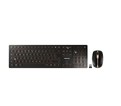 CHERRY DW 9100 SLIM, Kabelloses Tastatur- und Maus-Set, Spanisches Layout (QWERTY), Bluetooth- & Funkverbindung, Leise Tasten, Wiederaufladbar, Schwarz-Bronze von CHERRY