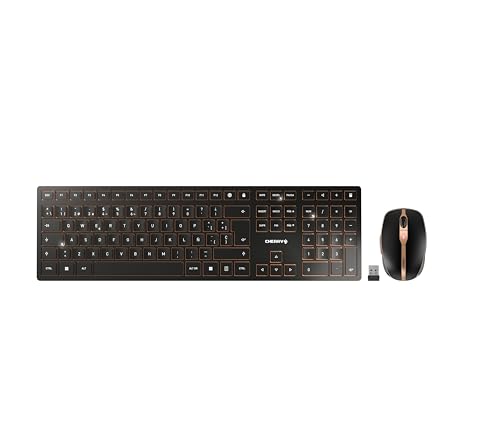 CHERRY DW 9100 SLIM, Kabelloses Tastatur- und Maus-Set, Spanisches Layout (QWERTY), Bluetooth & 2,4 GHz Funk, Leise Tasten, Wiederaufladbar, Schwarz-Bronze von CHERRY