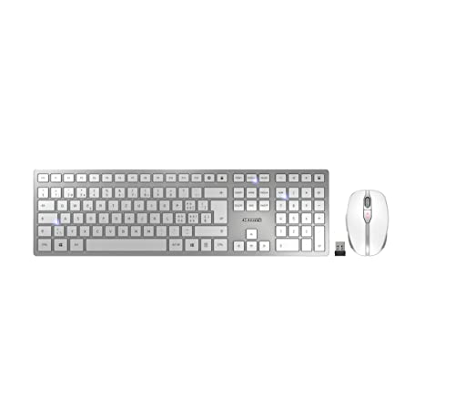 CHERRY DW 9100 SLIM, Kabelloses Tastatur- und Maus-Set, US-Internationales Layout (QWERTY), Bluetooth- und Funkverbindung, Wiederaufladbar, Weiß-Silber von CHERRY