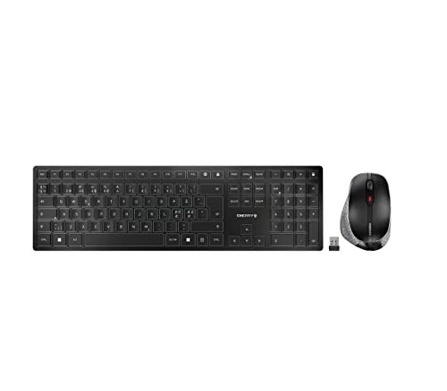 CHERRY DW 9500 Slim, kabelloses Tastatur- und Maus-Set, Pan-Nordisches Layout (QWERTY), Bluetooth- oder Funkverbindung, flaches Design, wiederaufladbar, ergonomische Rechtshändermaus, Schwarz-Grau von CHERRY