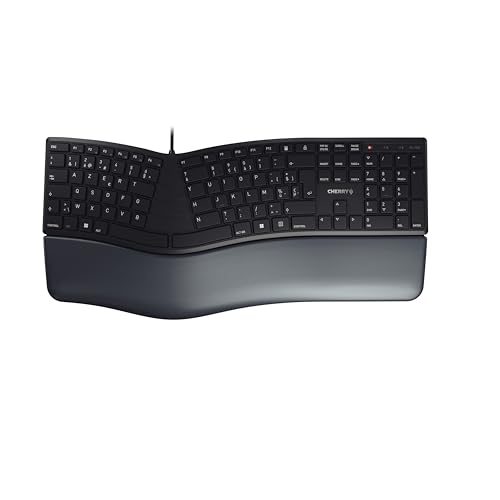 CHERRY KC 4500 ERGO, ergonomische Tastatur, Belgisches Layout (AZERTY), kabelgebunden, gepolsterte Handballenauflage mit Memory-Schaum, geschwungenes Tastenfeld, Schwarz von CHERRY