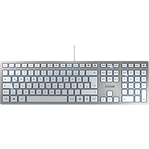 CHERRY KC 6000 SLIM, Ultraflache Design-Tastatur, US-Internationales Layout (QWERTY), Kabelgebunden (USB-A Anschluss), Leise, Langlebige Tastenbeschriftung, Silber von CHERRY