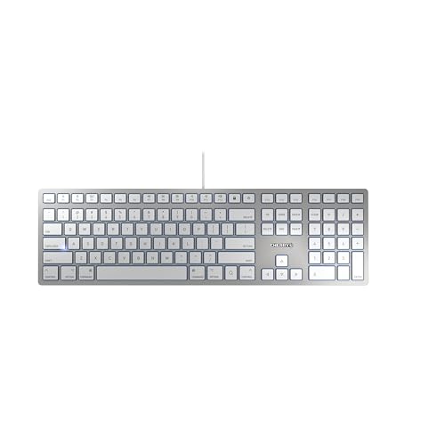 CHERRY KC 6000C FOR MAC, Kabelgebundene Mac-Tastatur (USB-C Anschluss), US-Layout (QWERTY), Flüsterleise Tasten, Kompaktes & Flaches Design, Weiß-Silber von CHERRY