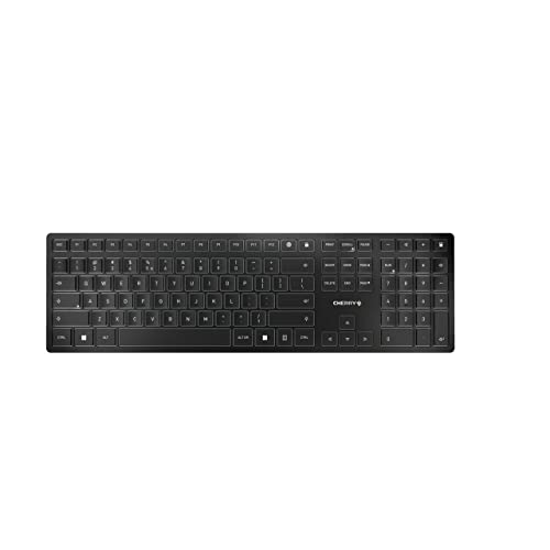 CHERRY KW 9100 SLIM, Kabellose Design-Tastatur, EU-Layout (QWERTY), Wahlweise Bluetooth oder 2,4 GHz Funk, Flache Tasten, Wiederaufladbar, Schwarz-Grau von CHERRY