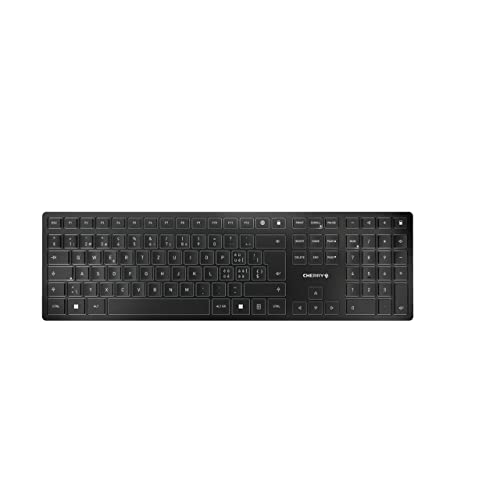 CHERRY KW 9100 SLIM, Kabellose Design-Tastatur, Schweizer Layout (QWERTZ), Wahlweise Bluetooth oder 2,4 GHz Funk, Flache Tasten, Wiederaufladbar, Schwarz-Grau von CHERRY