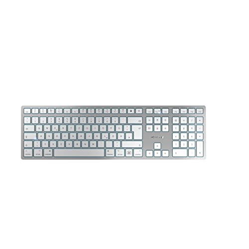 CHERRY KW 9100 SLIM FOR MAC, kabellose Mac-Tastatur, Deutsches Layout (QWERTZ), Bluetooth oder 2,4 GHz Funk, Flache Tasten, Wiederaufladbar, Weiß-Silber von CHERRY