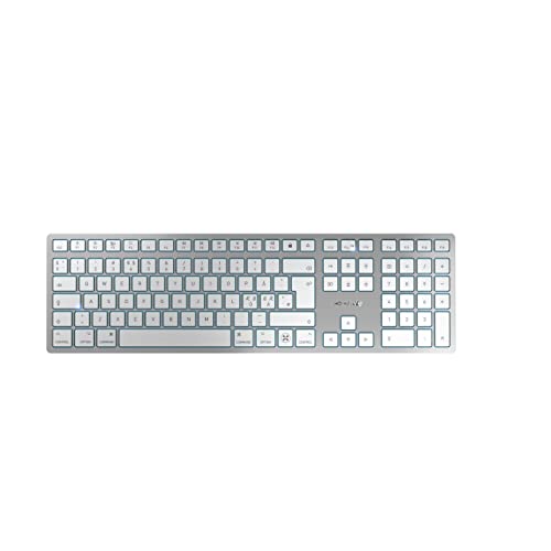 CHERRY KW 9100 SLIM FOR MAC, Kabellose Mac-Tastatur, Pan-Nordisches Layout (QWERTY), Bluetooth oder 2,4 GHz Funk, Flache Tasten, Wiederaufladbar, Weiß-Silber von CHERRY