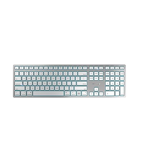 CHERRY KW 9100 SLIM FOR MAC, kabellose Mac-Tastatur, US-Layout (QWERTY), Bluetooth oder 2,4 GHz Funk, Flache Tasten, Wiederaufladbar, Weiß-Silber von CHERRY